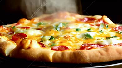 Steaming Hot Pepperoni Pizza with Melted Cheese and Green Onions on Dark Metal Pan Rustic Background Perfect for Food Advertising
