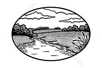 Scenic river landscape drawing with trees and fields, classic nature illustration in black and white, AI Generative