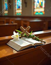 Open Bible with Wooden Cross and White Flower on a Church Pew