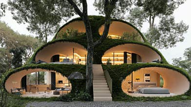 Innovative Green Architecture Showcasing Biophilic Design in a Smart City Setting Emphasizes Sustainability and