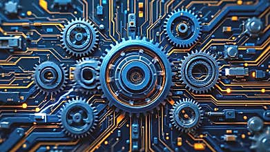 futuristic gears and circuits intertwining, dynamic animation representing innovation, rapid transitioning Generative AI