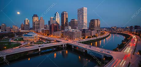 Aerial view Grand Rapids downtown, Michigan, river. Skyscrapers reflect city lights at sunset. Cityscape with bridges, roads,