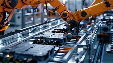Robots assembling electric car batteries at automated line in modern factory, technology of lithium energy