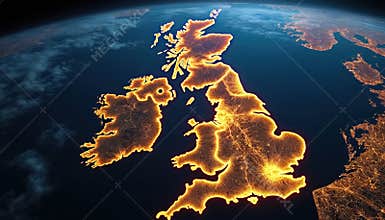 Night view of UK from space. City lights illuminate Great Britain, Ireland. Earth globe, planet, dark blue ocean, global light,
