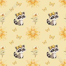 Cute seamless pattern with raccoons, yellow sun, butterflies, and flowers on pastel background for nursery or kids design
