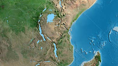Tanzania on the globe. Regional borders. Satellite. No labels