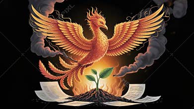 Phoenix rising from ashes and papers with small plant growing