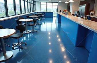 Modern office cafeteria with blue epoxy flooring granite countertops. Stainless steel appliances. Tables chairs, natural light,
