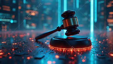 Judges gavel on hi-tech surface enforcement of cybersecurity laws, regulations within abstract tech environment. Digital