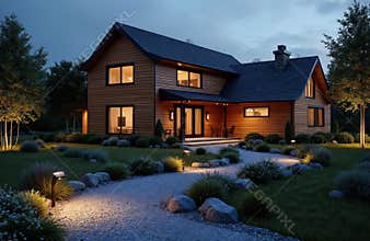 Modern house exterior night with illuminated garden pathway landscaping. Luxury residential home, patio. Outdoor lighting, lawn,