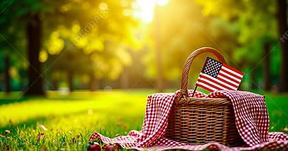 American Picnic: Patriotic Basket in a Sunlit Park