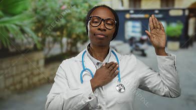 Woman doctor with stethoscope on urban street raises hand in oath gesture displaying commitment and confidence outdoors