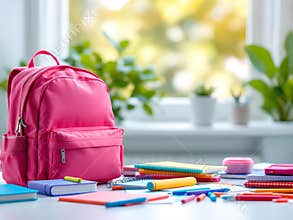 Pink backpack school supplies on desk ready for learning