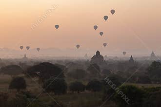 Magical Sunrise Over Ancient Temples and Hot Air Balloons in Bagan, Myanmar