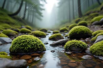 Closeup of Mossy Rock in a Serene, Foggy Forest Stream