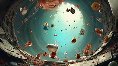 Alice falling down rabbit hole with floating teacups, playing cards and objects. Alice in Wonderland inspired surreal fantasy