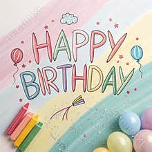 Colorful Happy Birthday drawing with crayons and balloons