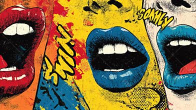 Vibrant Pop Art Collage of Expressive Mouths Speaking Comic-Style Phrases in a Dynamic Arrangement With a Clear Top