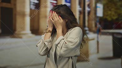 Young hispanic woman pressing palms to cheeks with furrowed brow and open mouth in an old town street; fear