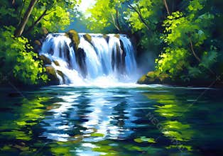 Impressionist Painting of a Secluded Waterfall and Reflection