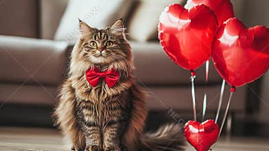 Fluffy Cat with Red Bow Tie Sitting Next to Heart-Shaped Balloons Indoors. Concept of Cute Pets, Valentine's Day