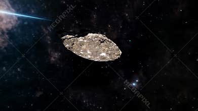 Overview of oumuamua asteroid floating in dark starry space