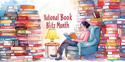 National Book Blitz Month with a woman reading in a cozy armchair surrounded by tall stacks of colorful books.