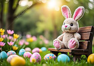 Stuffed Easter Bunny in Garden with Colorful Eggs and Spring Flowers in Sunlight