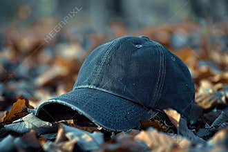 A baseball cap sitting on a pile of leaves. Suitable for outdoor and sport concepts