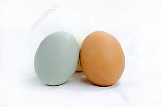 Three eggs: brown, white, and blue-green on white.