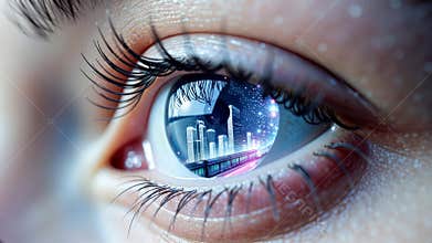 Cybernetic eye reflecting futuristic cityscape with moving train