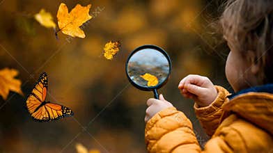 Child explores nature with magnifying glass while observing a butterfly and fallen leaves in autumn