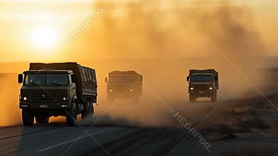 Military convoy transporting equipment through arid landscape at sunset