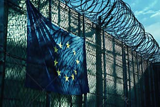 European Union flag behind barbed wire fence casting shadows, illustrating themes of restriction and control in a tense