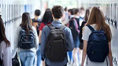 Rear view of diverse group of teen students walking in school hallway with backpacks.
