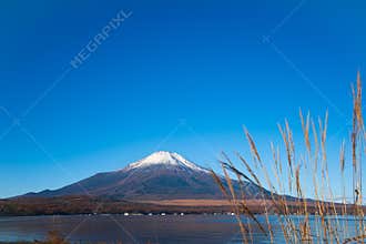 A serene landscape featuring Mount Fuji