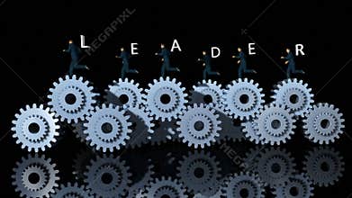 Metal Gears and Businessmans Running with LEADER text against black, stock footage