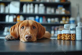 A Labrador retriever lying on a table next to medicine bottles in a veterinary clinic setting