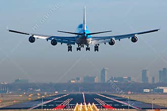 Boeing 747 airplane about to touchdown
