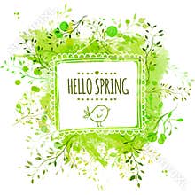 White hand drawn square frame with doodle bird and text hello spring. Green watercolor splash background with leaves. Artistic
