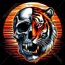 Tiger and skull split face with retro sunset background