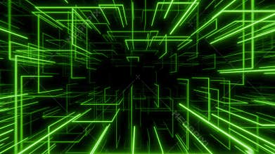 Digital 3D space with glowing green lines forming futuristic geometric structures on dark background