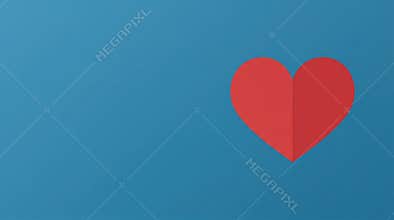A prominent red heart symbol is positioned towards the right side of the frame against a solid blue canvas
