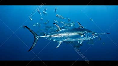 A majestic swordfish swimming through the deep blue ocean
