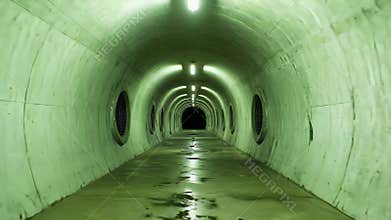 Long underground concrete tunnel with green lights