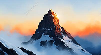 The sun rises over a snow-covered mountain peak surrounded by clouds and a vibrant sky
