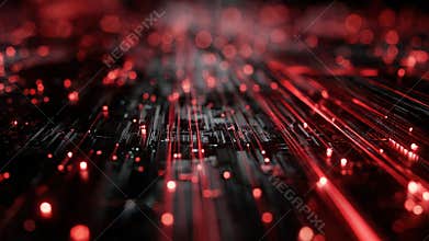 Crimson digital data streams flow through intricate circuits creating a vibrant futuristic network illuminated by glowing red