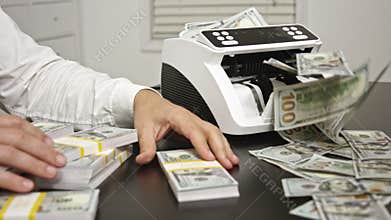 Counting money machine in office. Businessman counting dollars close-up. Banker counting money. Office scene with hands count