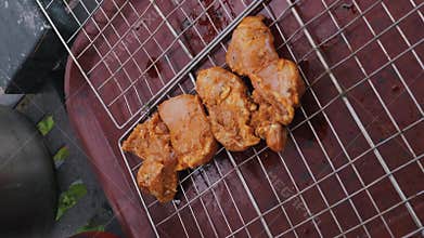 Male Hand Placing Marinated Chicken on Outdoor Barbecue Grill Grate