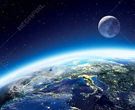 Earth and moon view from space at night